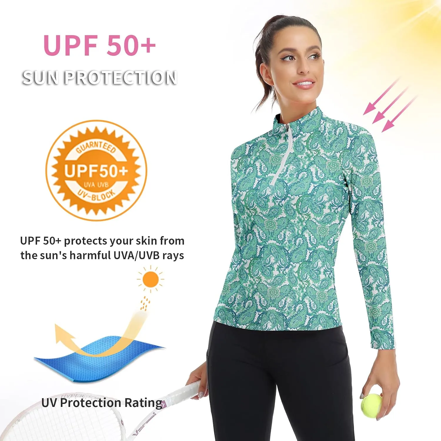 WOWENY Women's Long Sleeve Athletic Shirts Quarter Zip Pullover Collared T-Shirt Workout Print Tennis Top