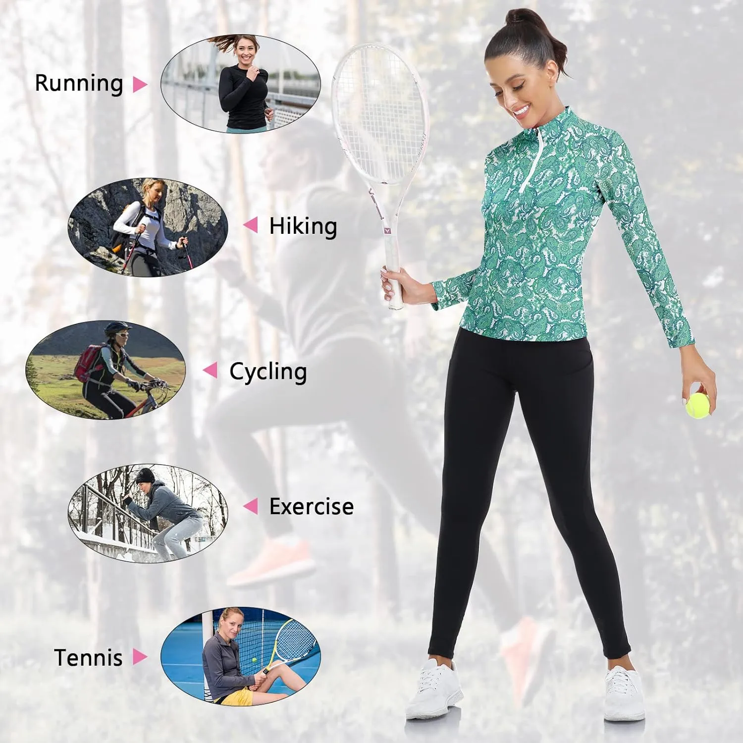 WOWENY Women's Long Sleeve Athletic Shirts Quarter Zip Pullover Collared T-Shirt Workout Print Tennis Top
