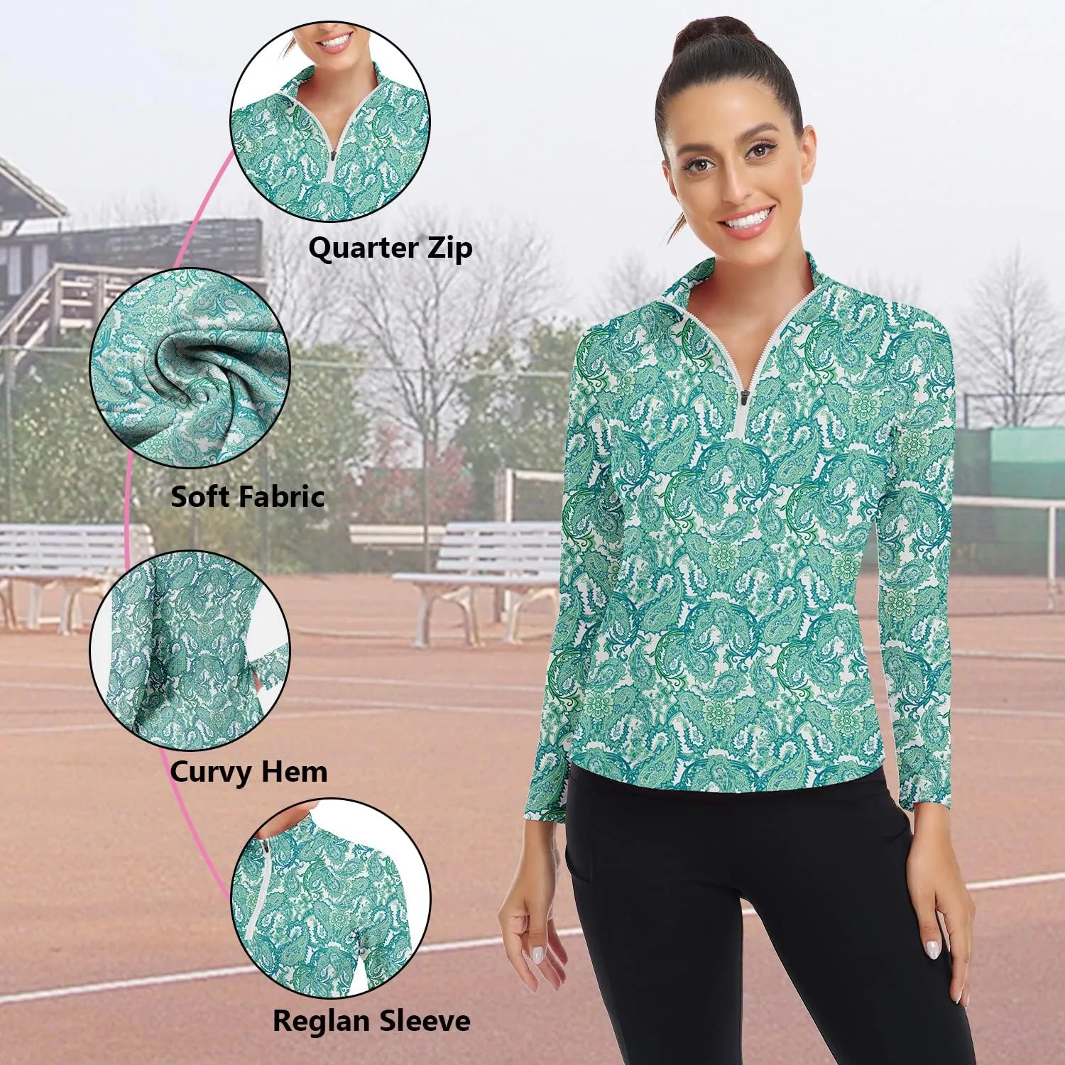 WOWENY Women's Long Sleeve Athletic Shirts Quarter Zip Pullover Collared T-Shirt Workout Print Tennis Top